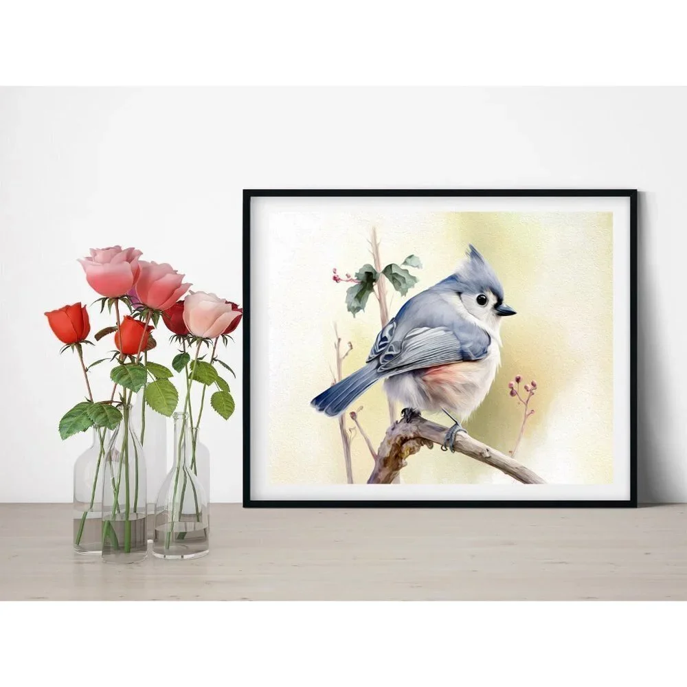 8x8 Or 8x10 Tufted Titmouse on a Limb Watercolor Oil Painting Print‎ - Picture 2 of 4
